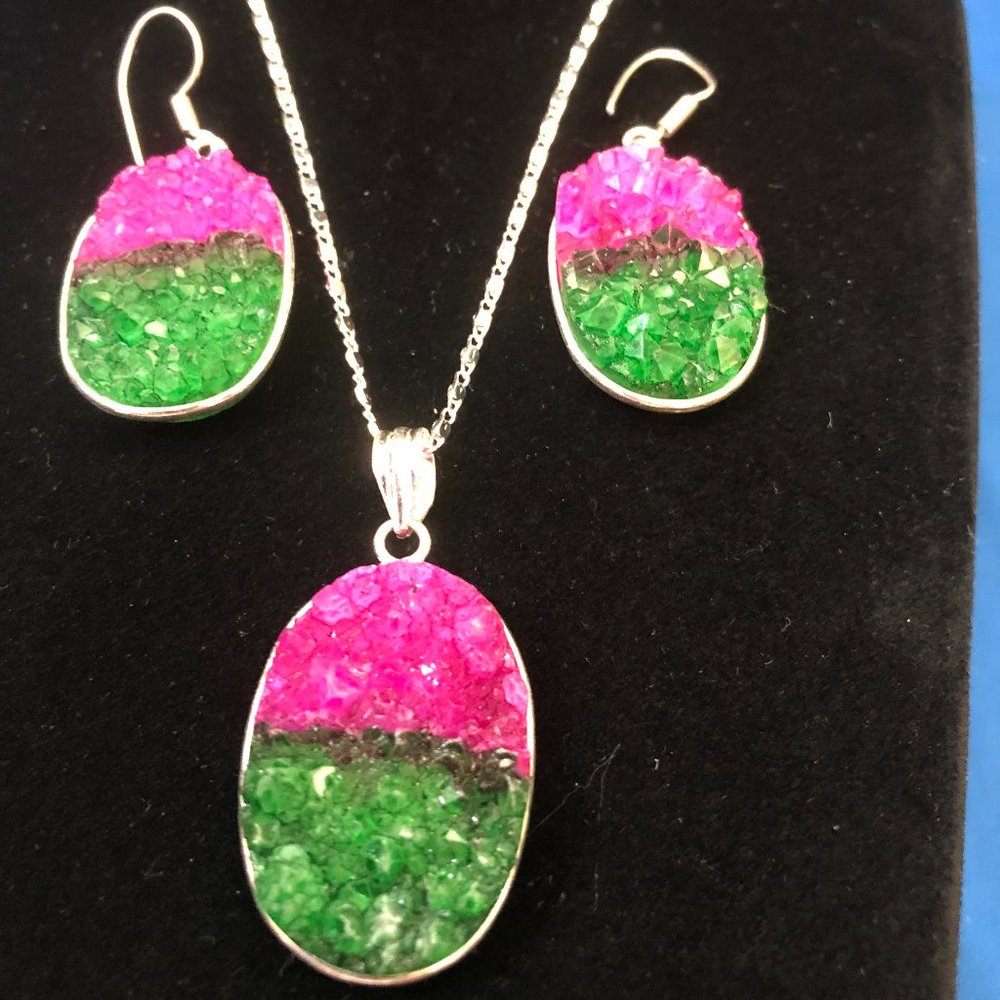 Natural Bi Colour Druzy 925 Silver Plated, Pendant & Earrings Set of 1.7''